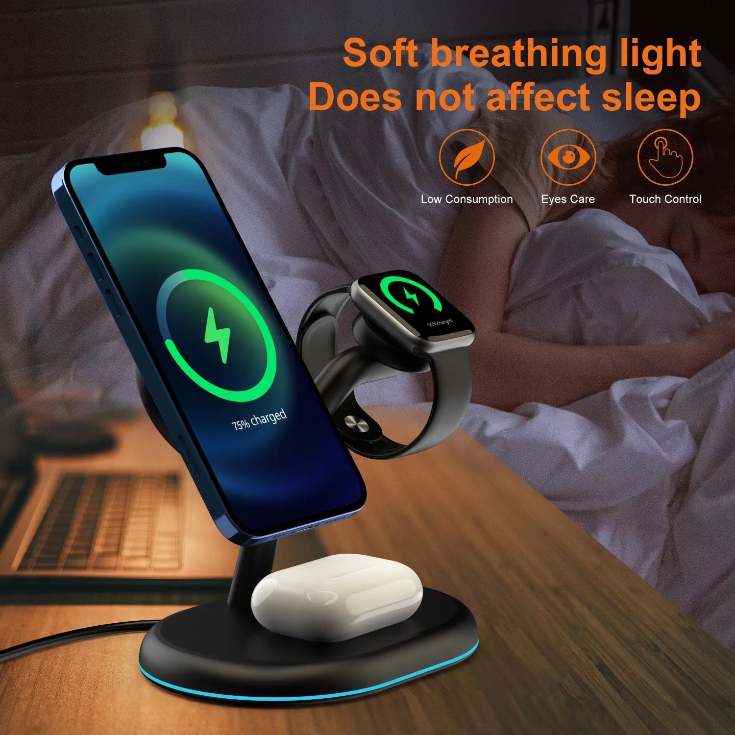 Black three-in-one magnetic wireless charging pad on a table.