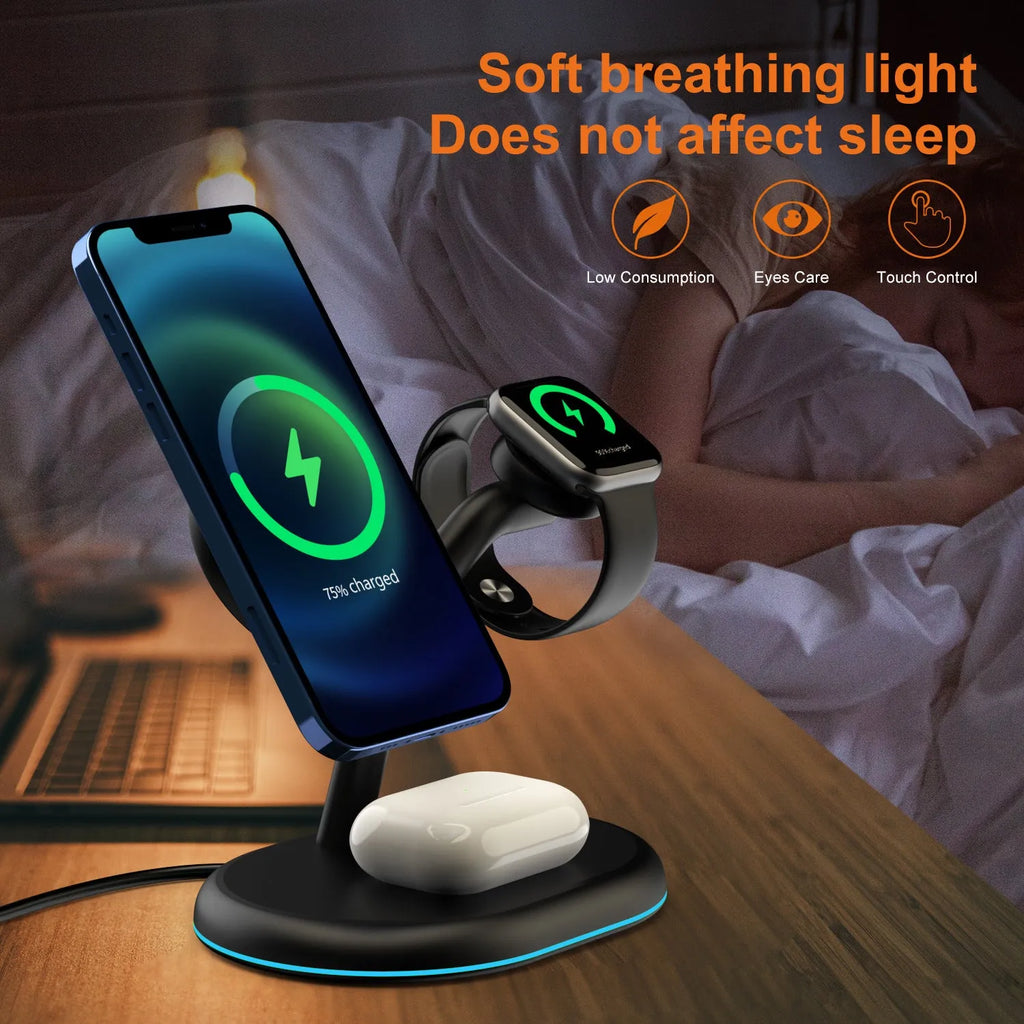 Black three-in-one magnetic wireless charger for smartphones on a plain surface