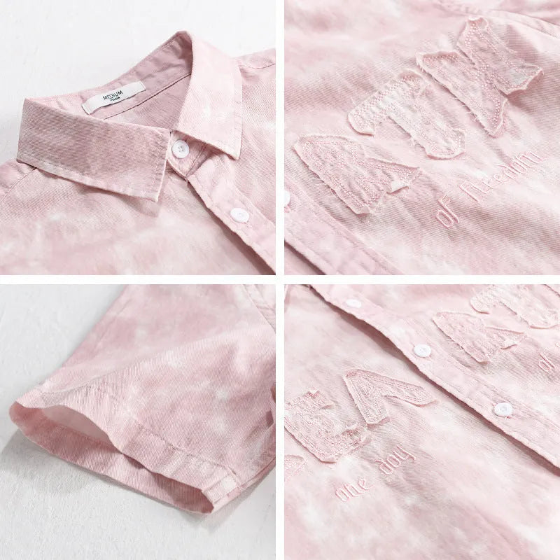Men's light pink pure cotton short sleeve cardigan with hanging dyed print in loose fit