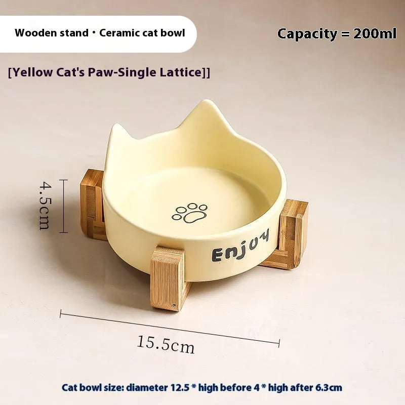 Porcelain cat bowls with wooden frame in cat ear paw design