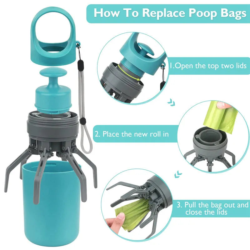 Blue plastic dog pooper scooper with eight-claw shovel and built-in bag dispenser