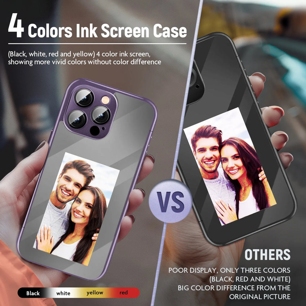 Black and purple iPhone 15 Pro NFC flip phone case with a DIY customisable surface and a closed flip cover.