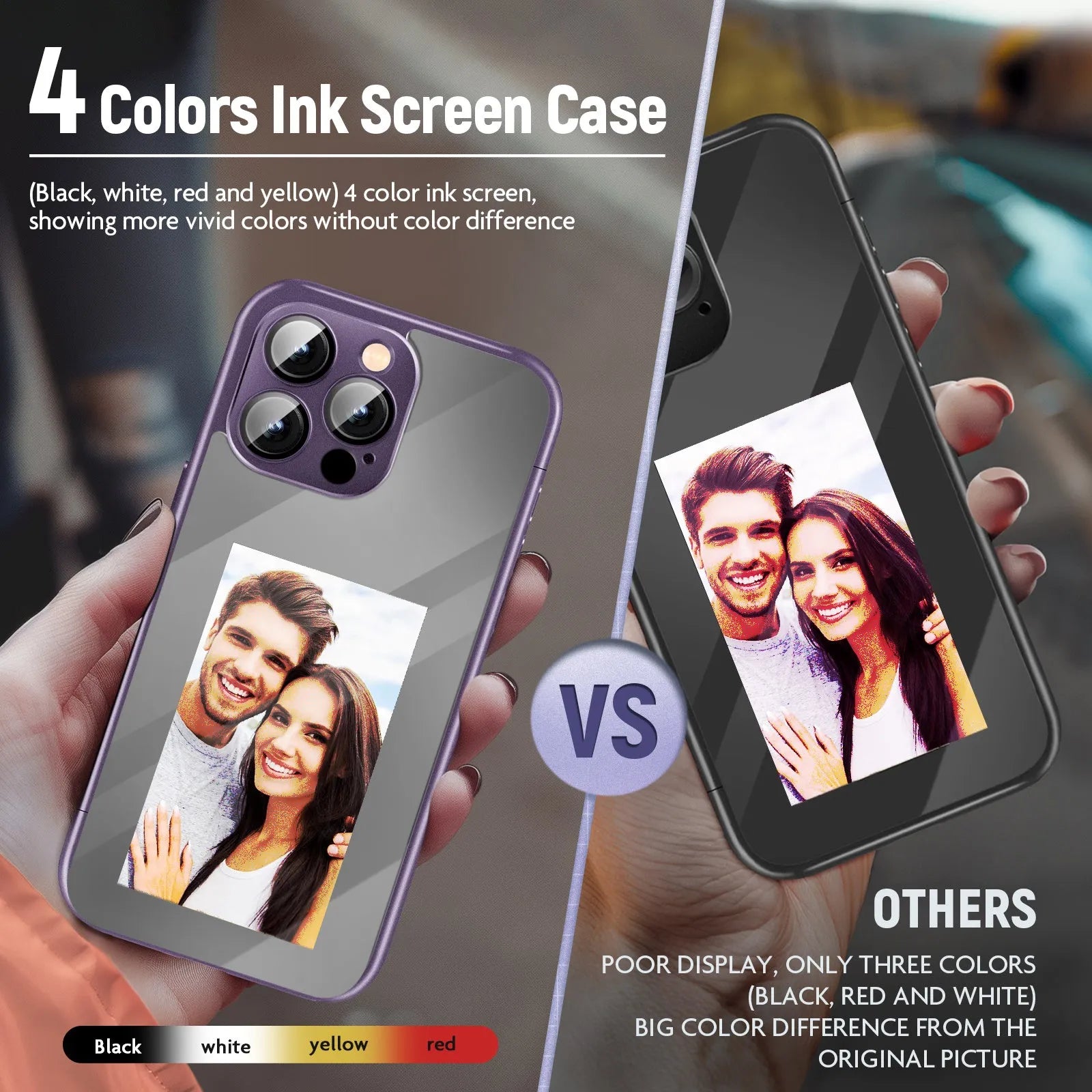 Black and purple iPhone 15 Pro NFC flip phone case with a DIY customisable surface and a closed flip cover.