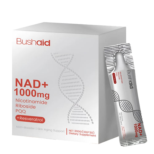 Two sealed sachets of anti-aging drink supplement powder, 150g each, with listed ingredients nicotinamide riboside and PQQ.