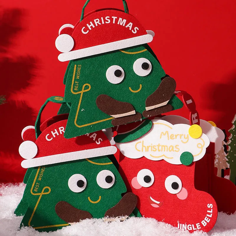 Christmas gift felt bag in green with cartoon design, used for gift packaging