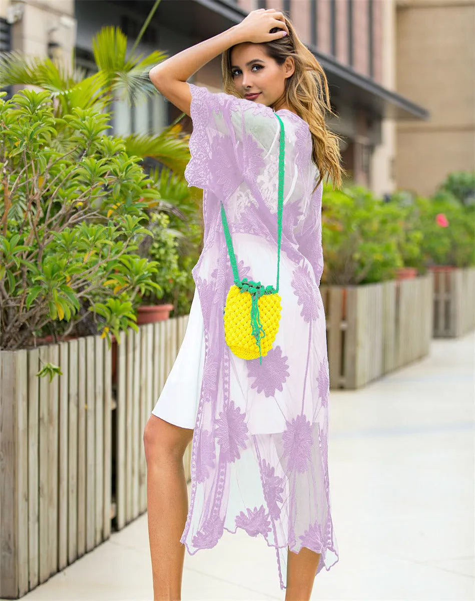 Light purple lace embroidery beach cover-up dress for women, free size.