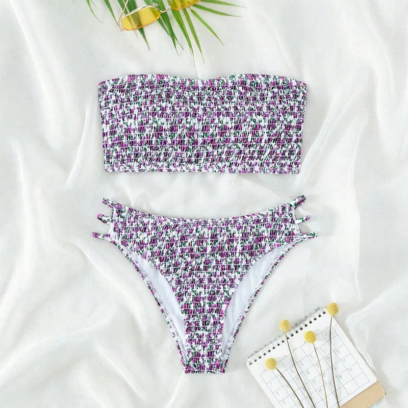 Women's strapless floral bikini set with high-waisted briefs on a white background