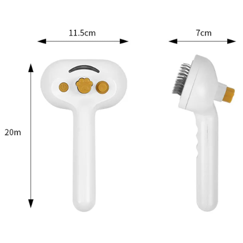 White pet grooming brush with water tank and gentle steel teeth for dogs and cats.