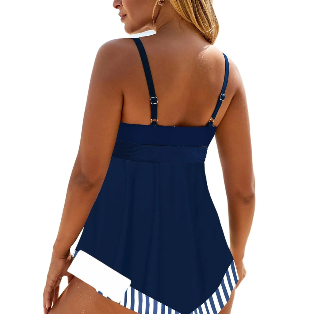 Plus size quick-drying two-piece bikini swimsuit in blue on a mannequin