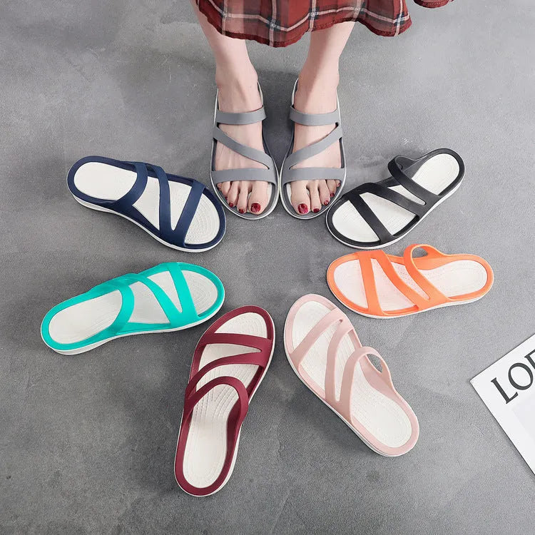 Women's solid-colour summer sandals with PP upper material in red, purple, blue, black, grey, or pink
