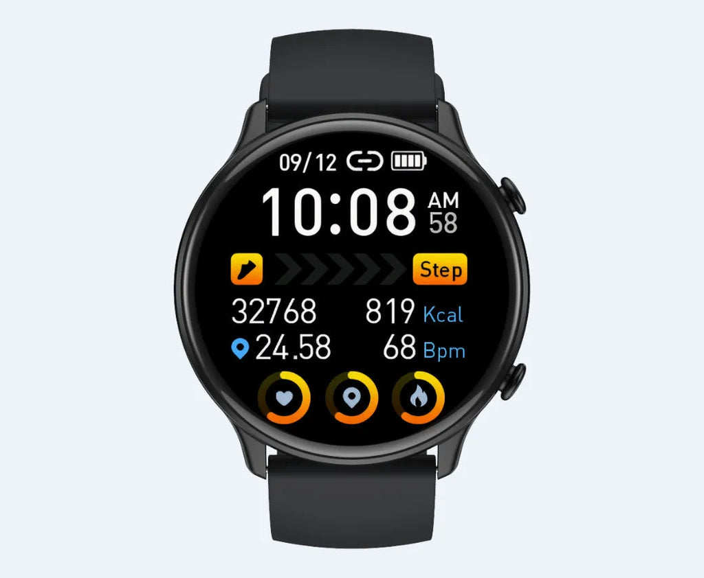 Round smart sports watch with touch screen showing heart rate display on black silicone strap