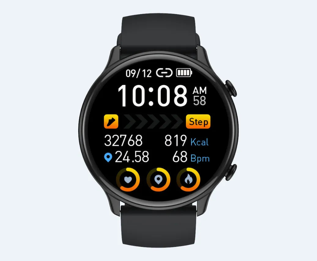 Round smart sports watch with touch screen showing heart rate display on black silicone strap