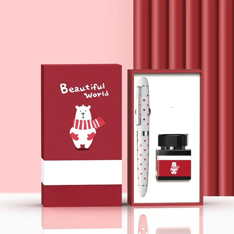 Calligraphy pen with replaceable ink sac, metal case, and choice of seven designs including avocado and bear patterns