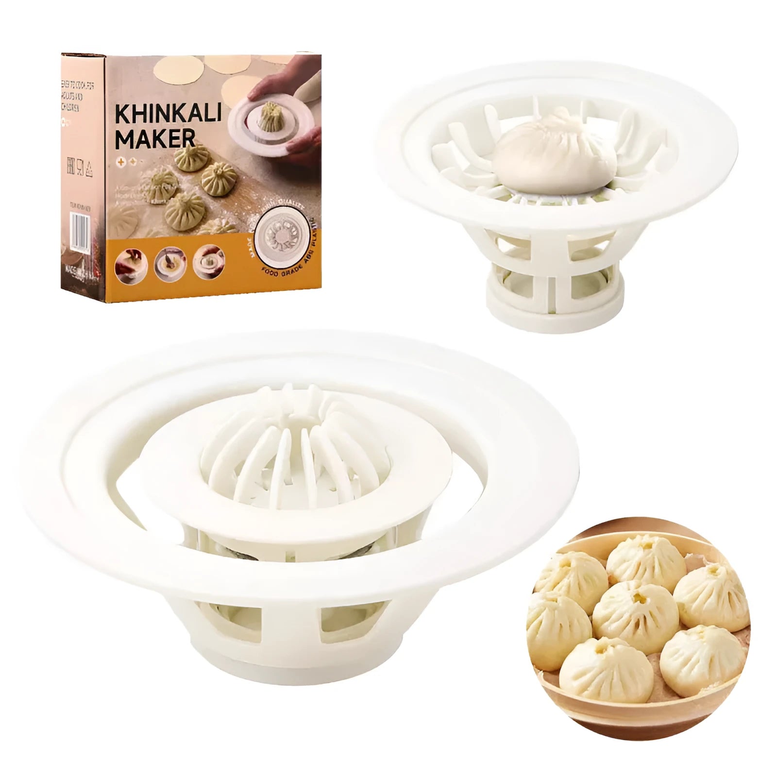 Set of four black stainless steel bun and dumpling moulds for shaping baozi.