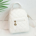 Small white embroidered hardback girls' backpack in a vertical square shape on a plain background.