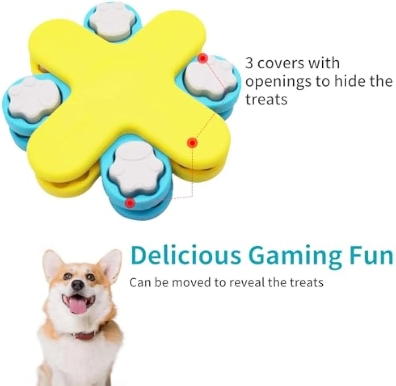 Yellow dog puzzle feeder toy with rotating lids and anti-slip rubber pads on base