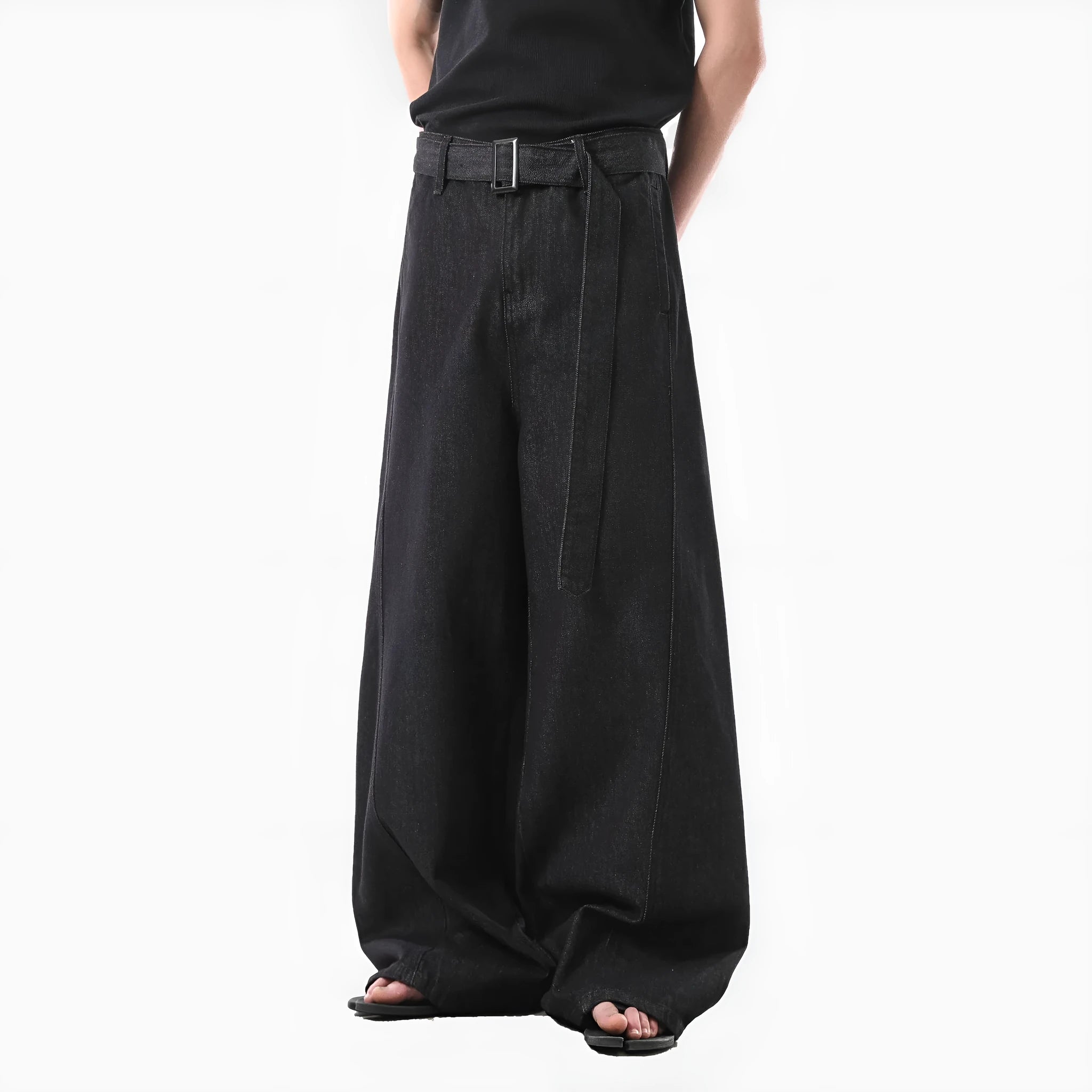 Black high waist straight leg jeans with zip fly in American retro style