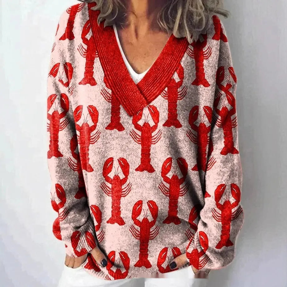 Women's V-neck long sleeve sweatshirt with a retro 3D floral pattern print in a colour from the E073 range.