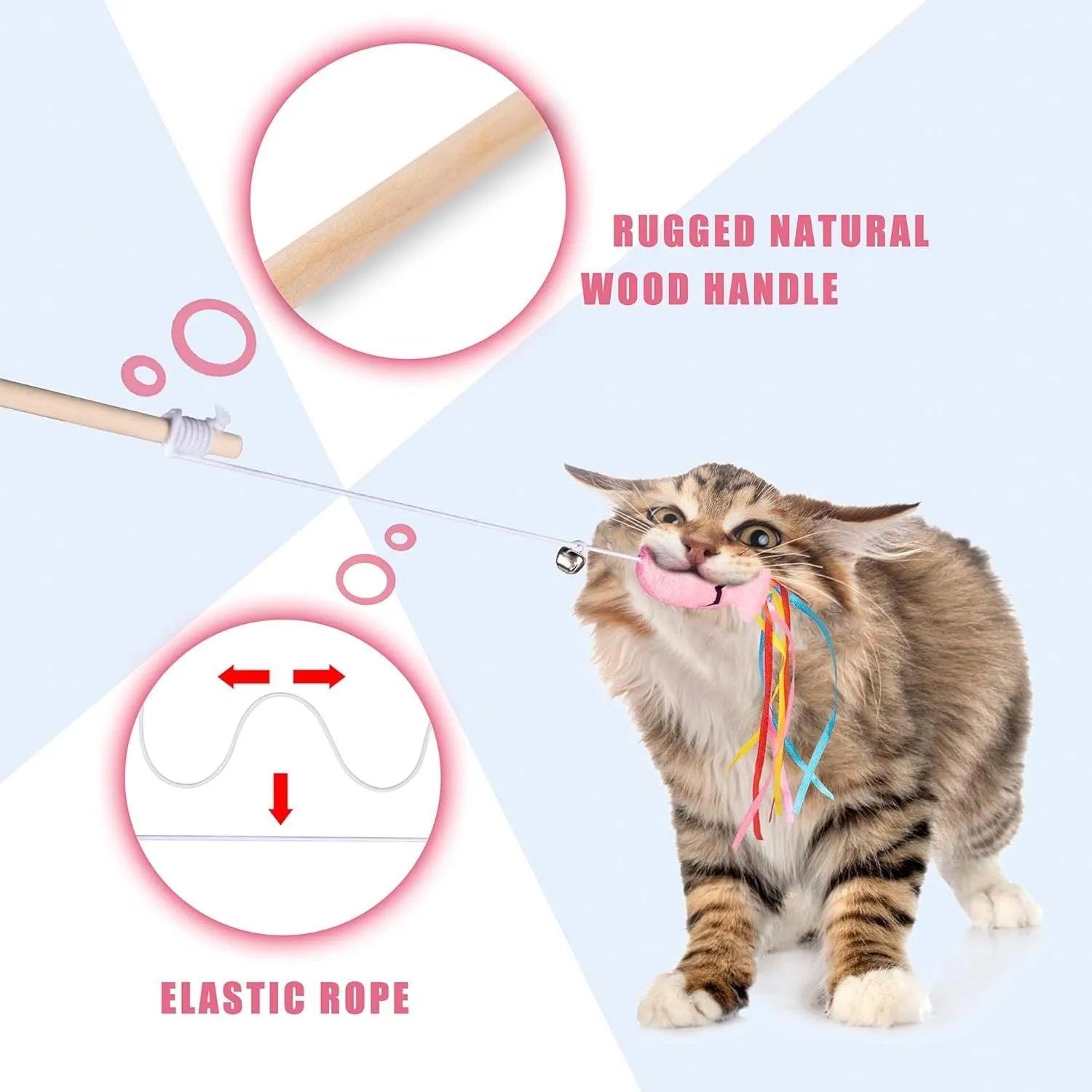 Colourful cat wand toy with ribbons, bell, and catnip fish on a wooden handle