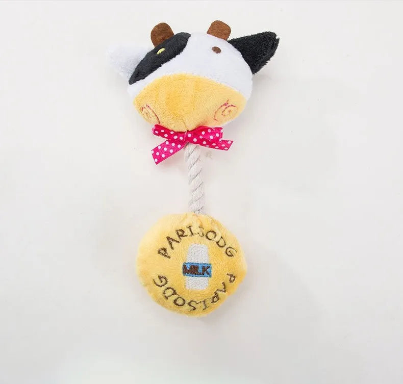 Dog plush toy with squeaker and cotton rope in animal designs including frog, elephant, cow, and bear