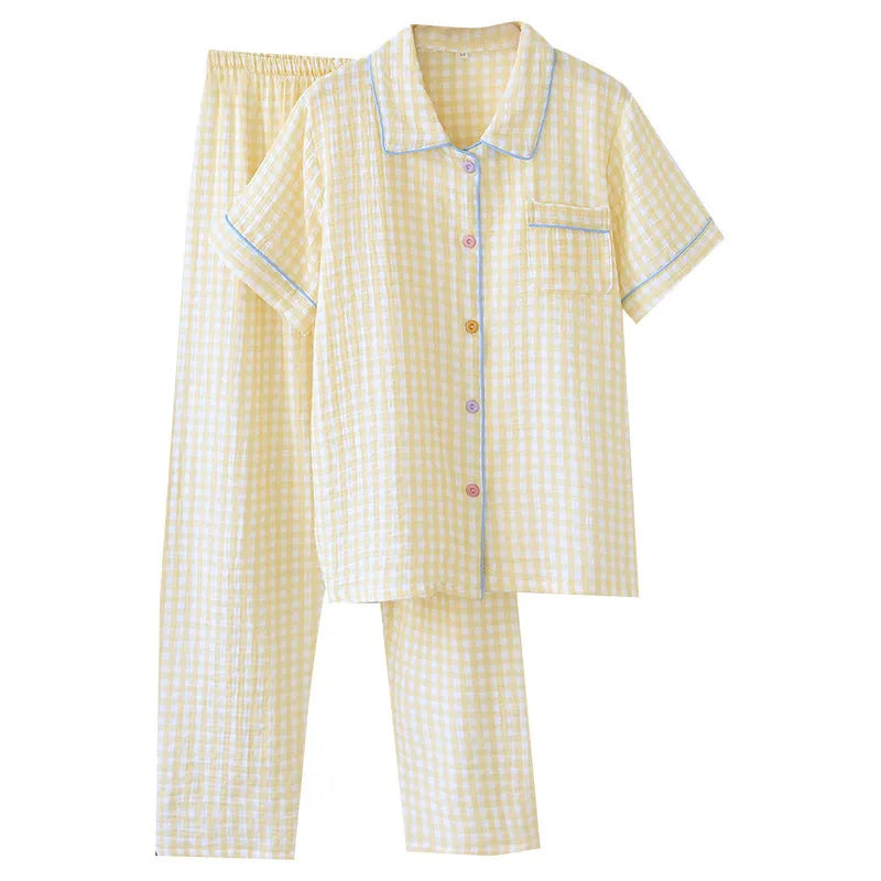 Women's washed cotton gauze short-sleeved trousers outfit in floral or plaid print with three-quarter sleeves