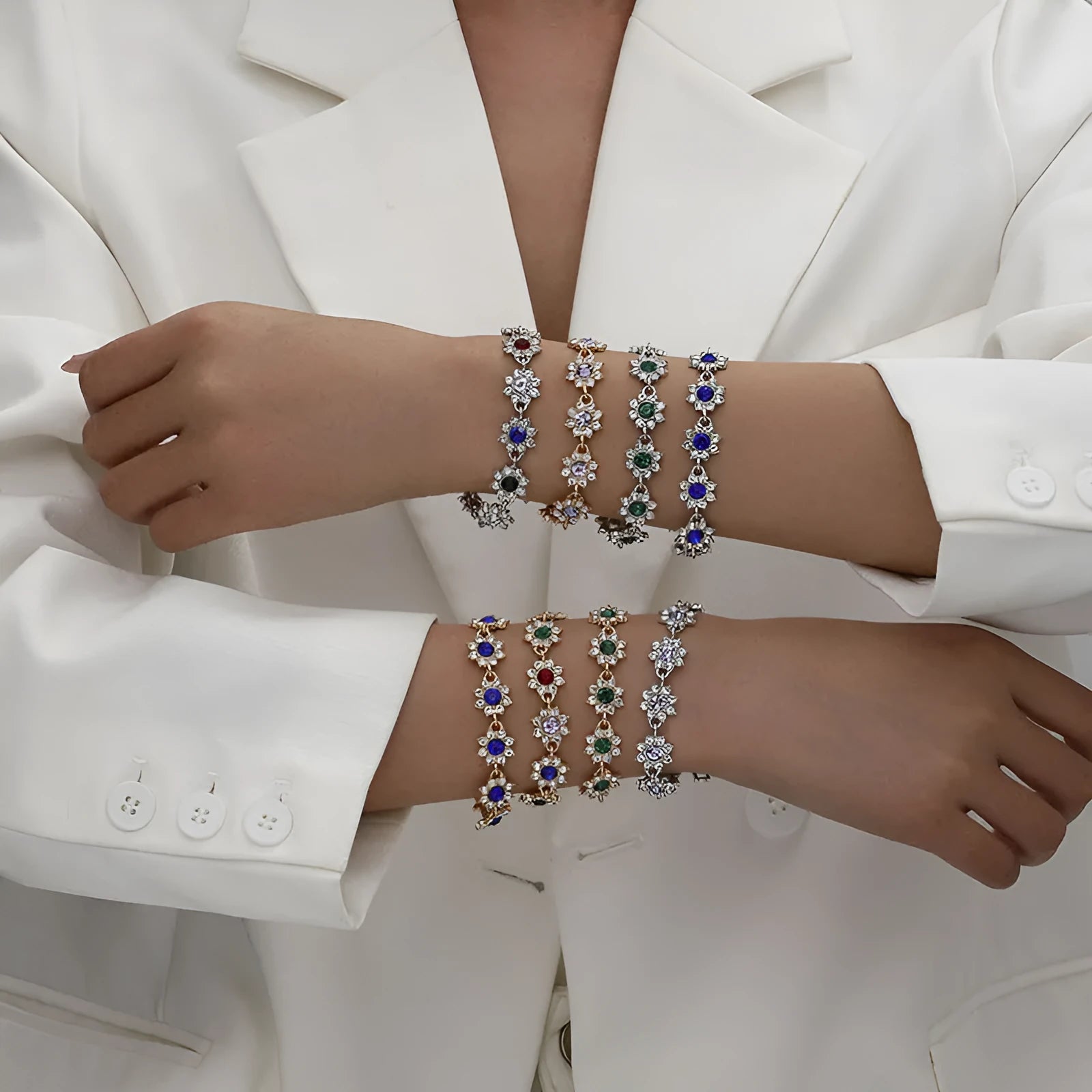 Flower-shaped zinc alloy bracelet with electroplated finish and colourful crystal accents