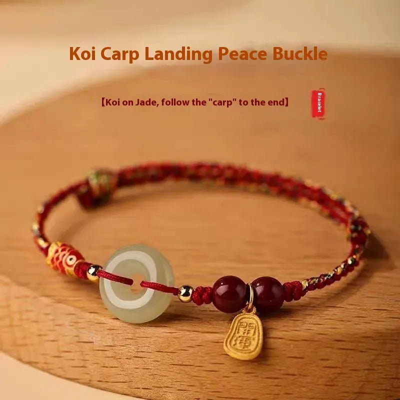 Hetian jade peace buckle bracelet with 10mm beads on adjustable braided rope in three colour options