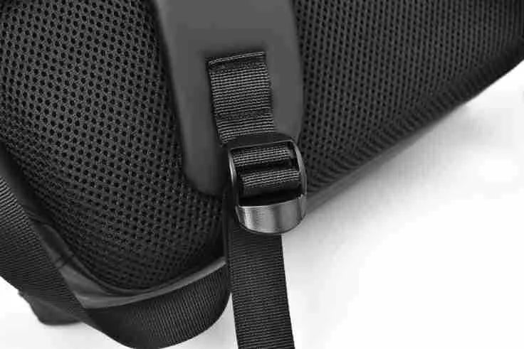 Large black waterproof PU leather backpack for men with prominent stitching, shown next to blue and grey colour options.