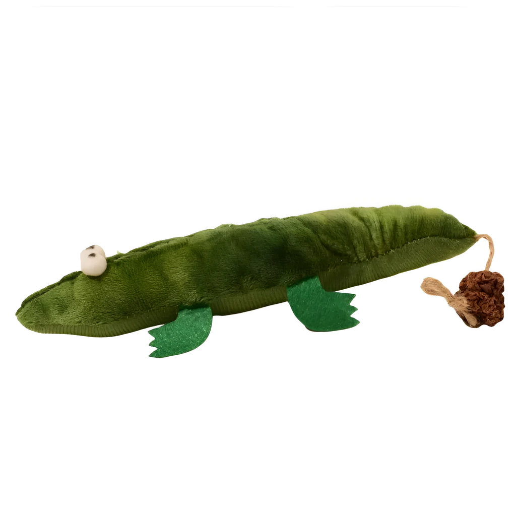Green plush alligator catnip toy with plant-based materials and peppermint scent