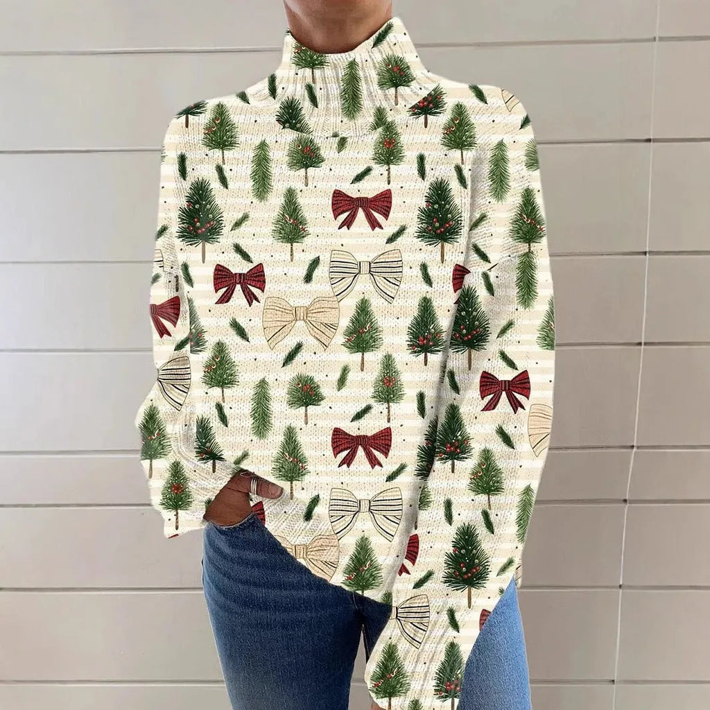 Women's loose-fit Christmas printed turtleneck sweater in a macaron colour