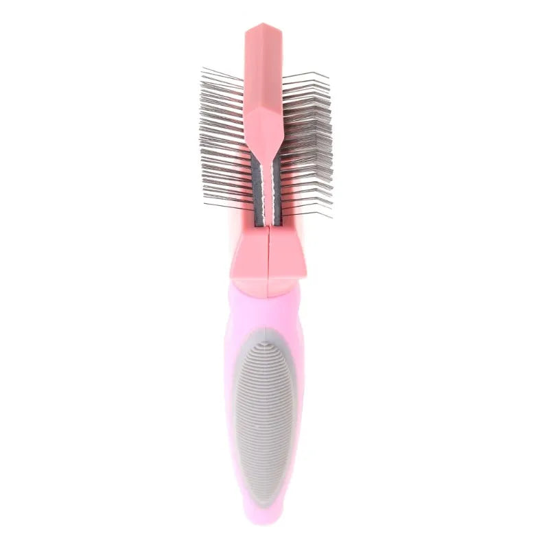 Blue double-sided pet brush with stainless steel pins on a white background