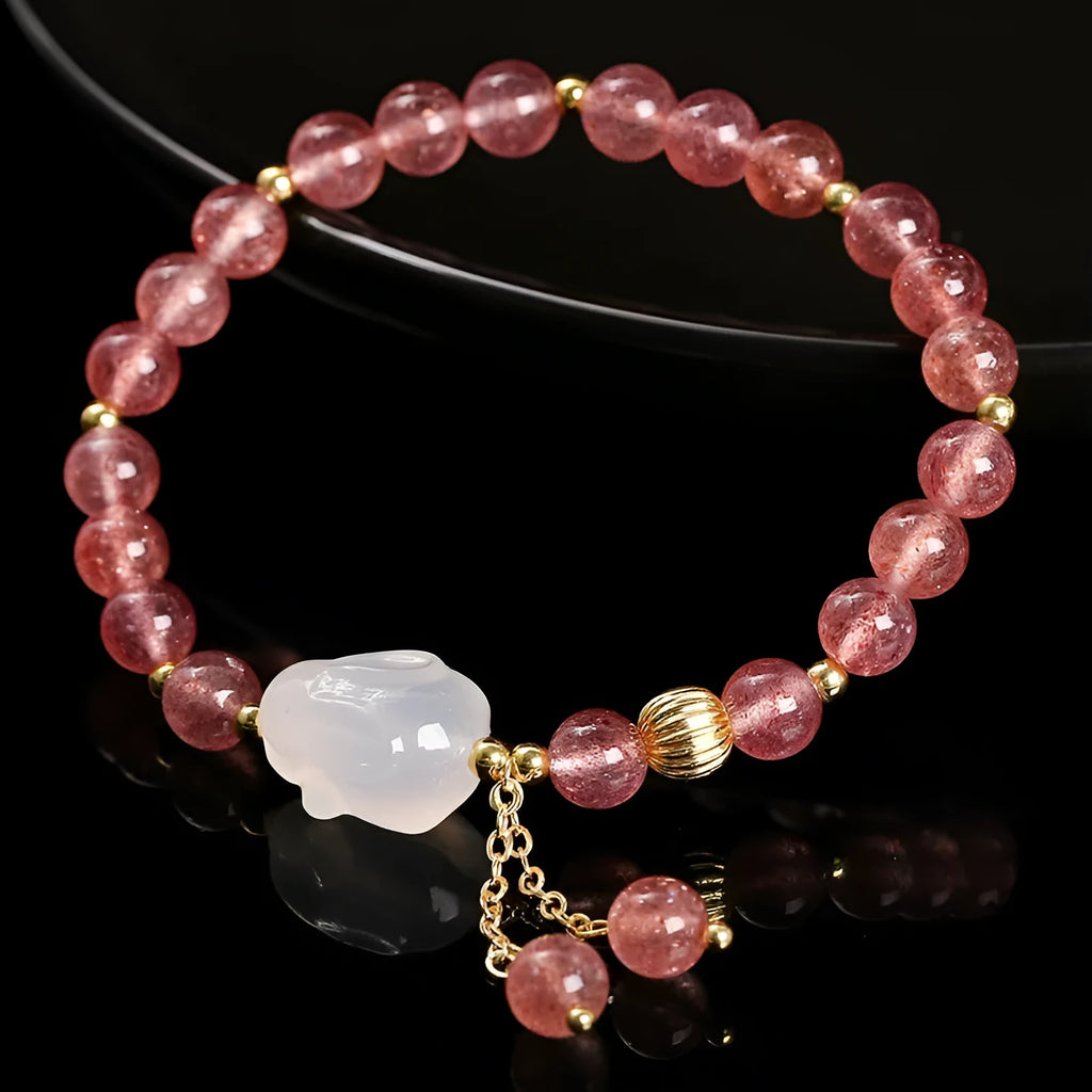 Strawberry quartz agate White Rabbit bracelet with 6mm geometric round beads for women