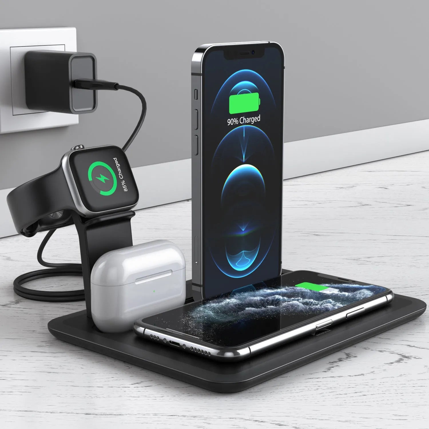 Black and white wireless desktop charging station for phones, headphones, and smartwatches with USB cable