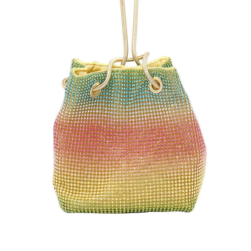 Rhinestone bucket bag in net red rainbow colours with a sparkle texture and soft construction