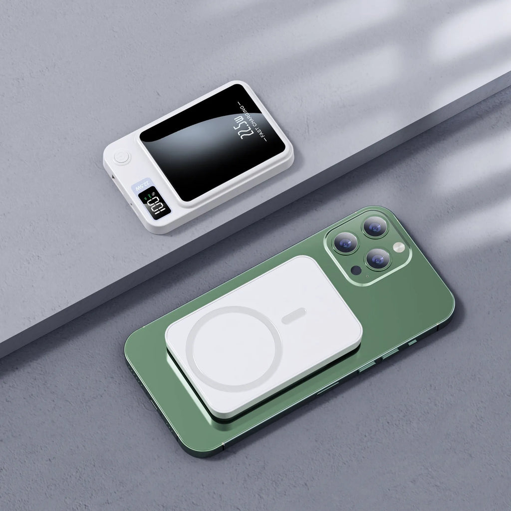 Wireless power bank with MagSafe compatibility in black, white, purple, and green colour options showing compact plastic design