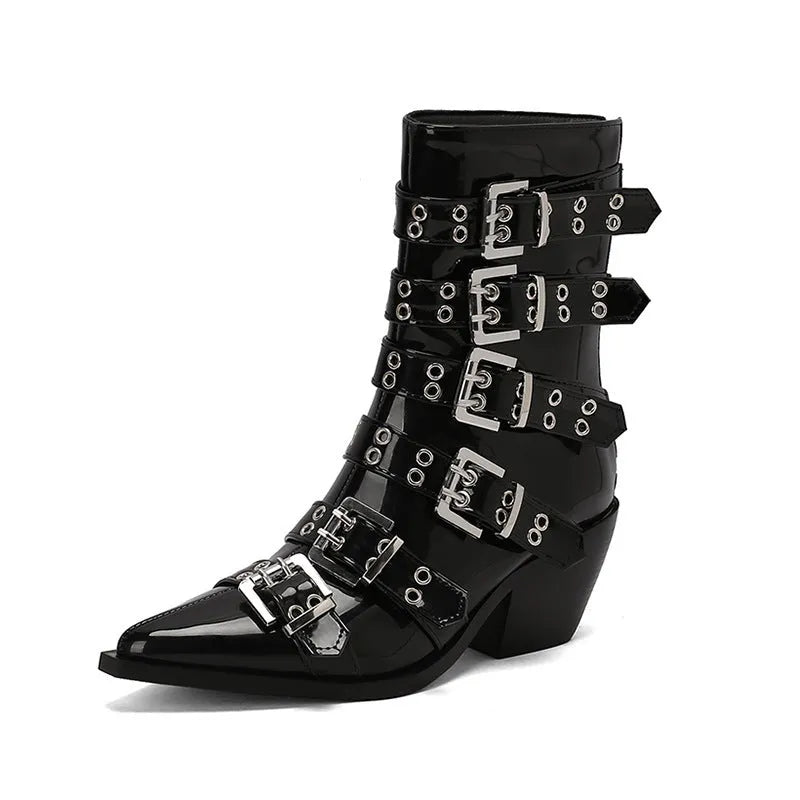 Autumn winter pointed knight women's boots with belt buckle, black patent leather, plus sizes