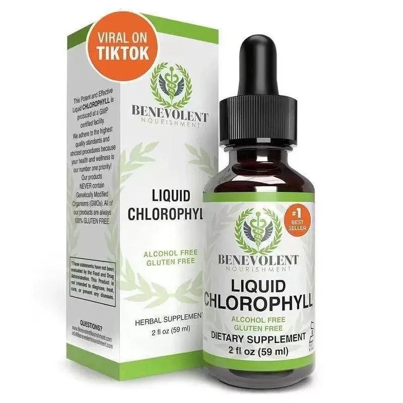 60ml glass bottle of natural liquid chlorophyll drops with dropper for adult supplementation.