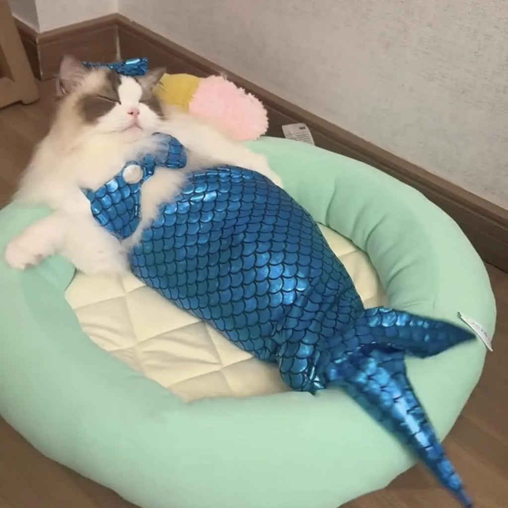 Blue pet mermaid costume on small cat with fish tail and decorative bow