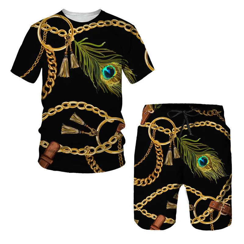 Chain pattern digital printed short sleeve T-shirt and shorts suit set in polyester fabric