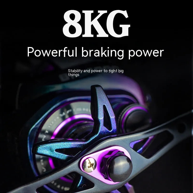 BM2000 baitcaster fishing reel with magnetic brake and water drop spool, shown in left-hand and right-hand retrieve models.