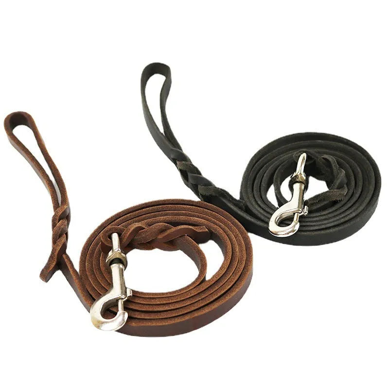 Thickened cowhide leather dog walking rope in light brown colour with hand-held loop