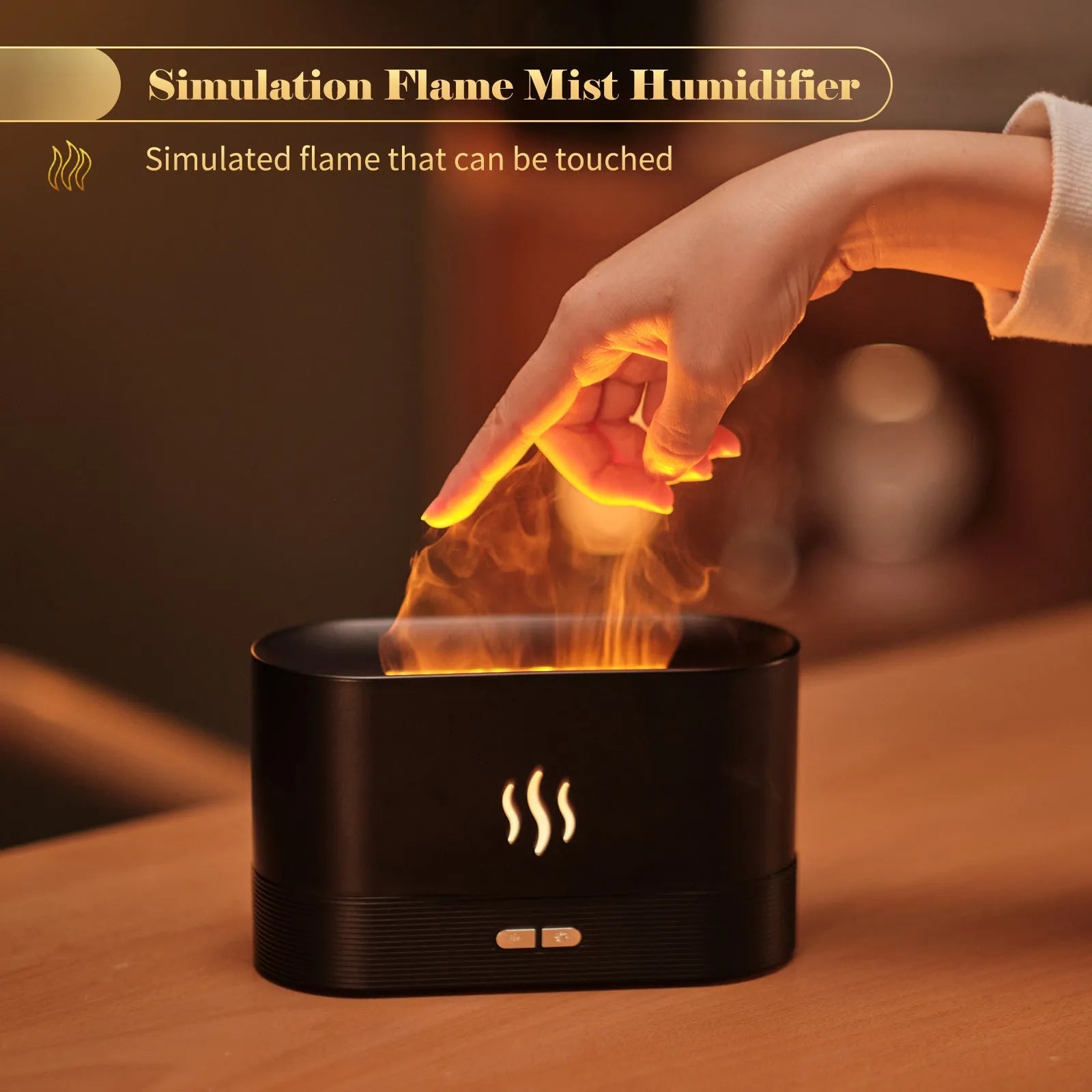 Black square aroma diffuser with flame light effect and mist output