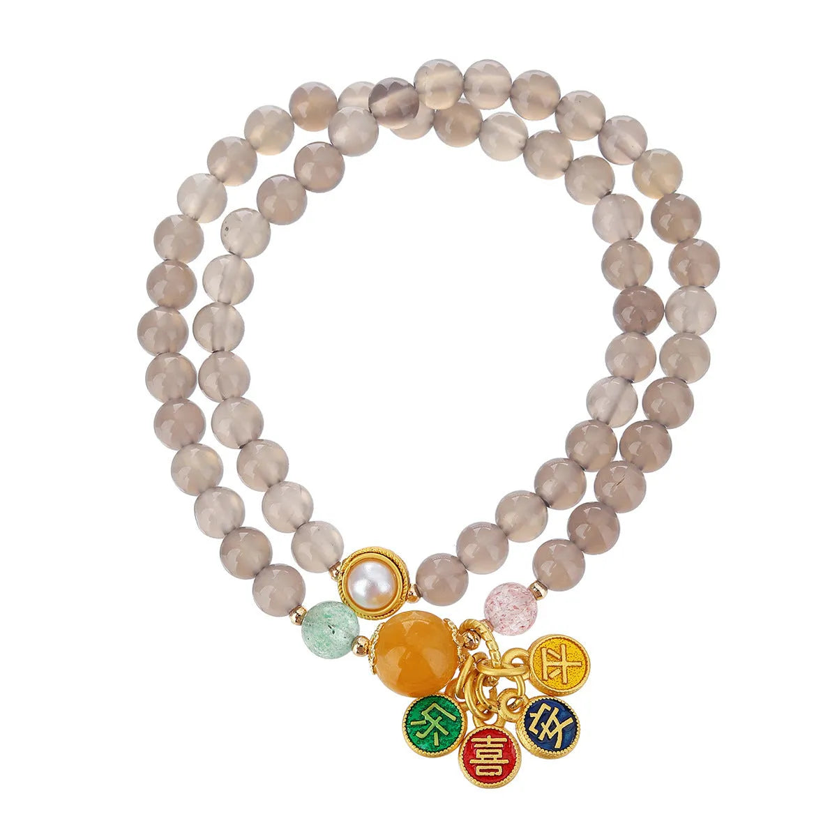 Natural gray agate two-circle bracelet on an adjustable cord, showing hand-polished stone detail.