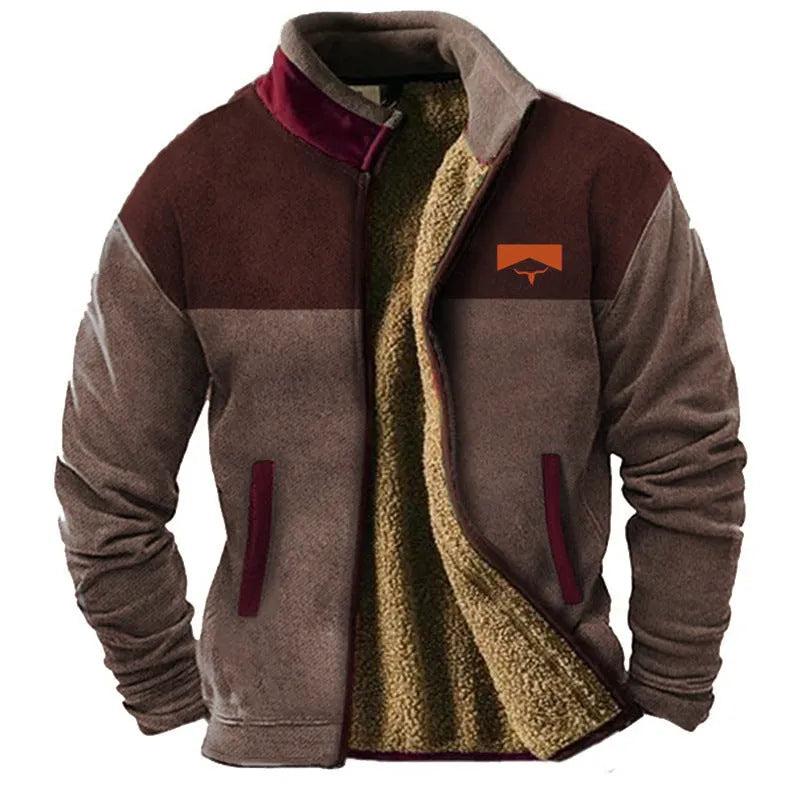 Men's blue polyester padded fleece coat with zip front, regular length.