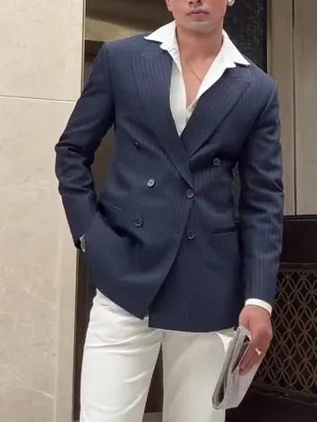 Men's striped double breasted blazer in regular length with classic styling