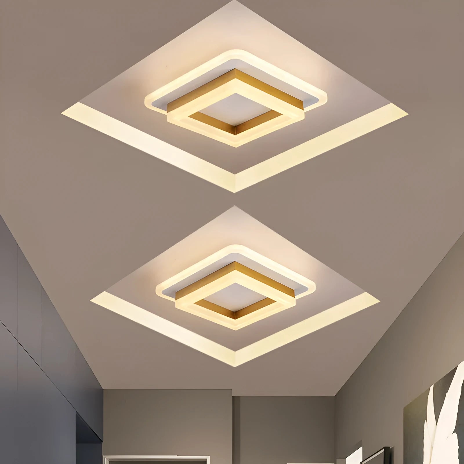 Modern LED ceiling light in black or gold, round or square style, for corridor or hallway.