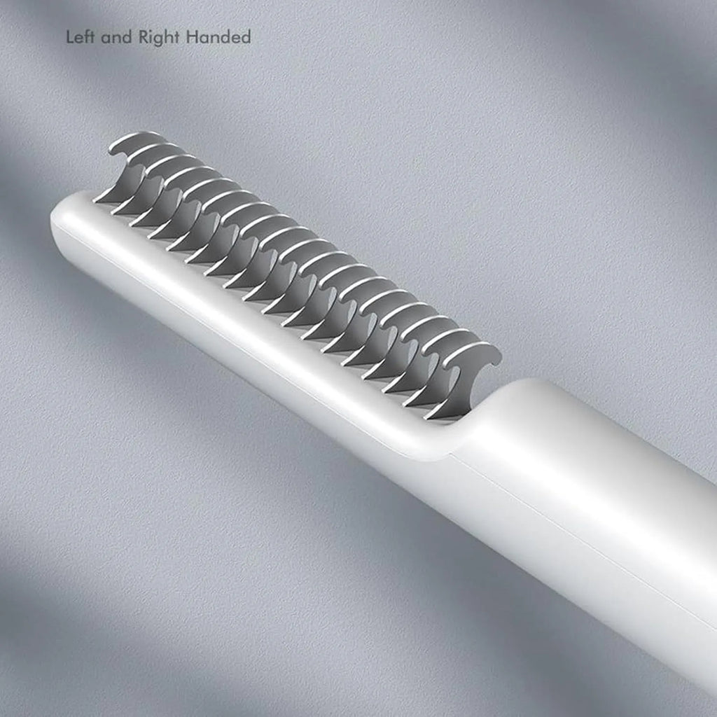 Stainless steel pet dematting comb with ergonomic handle for removing dog hair knots and mats.