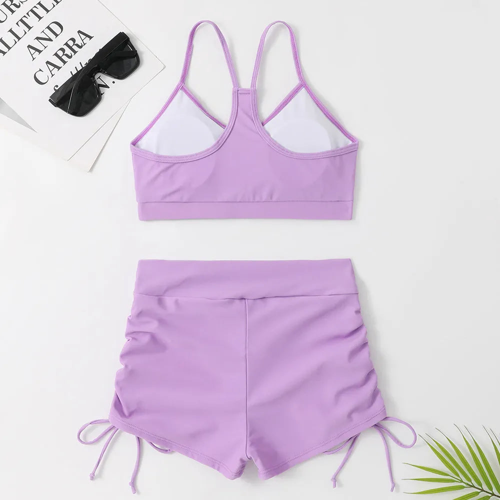 Women's purple high waist split bikini swimsuit with separate top and shorts