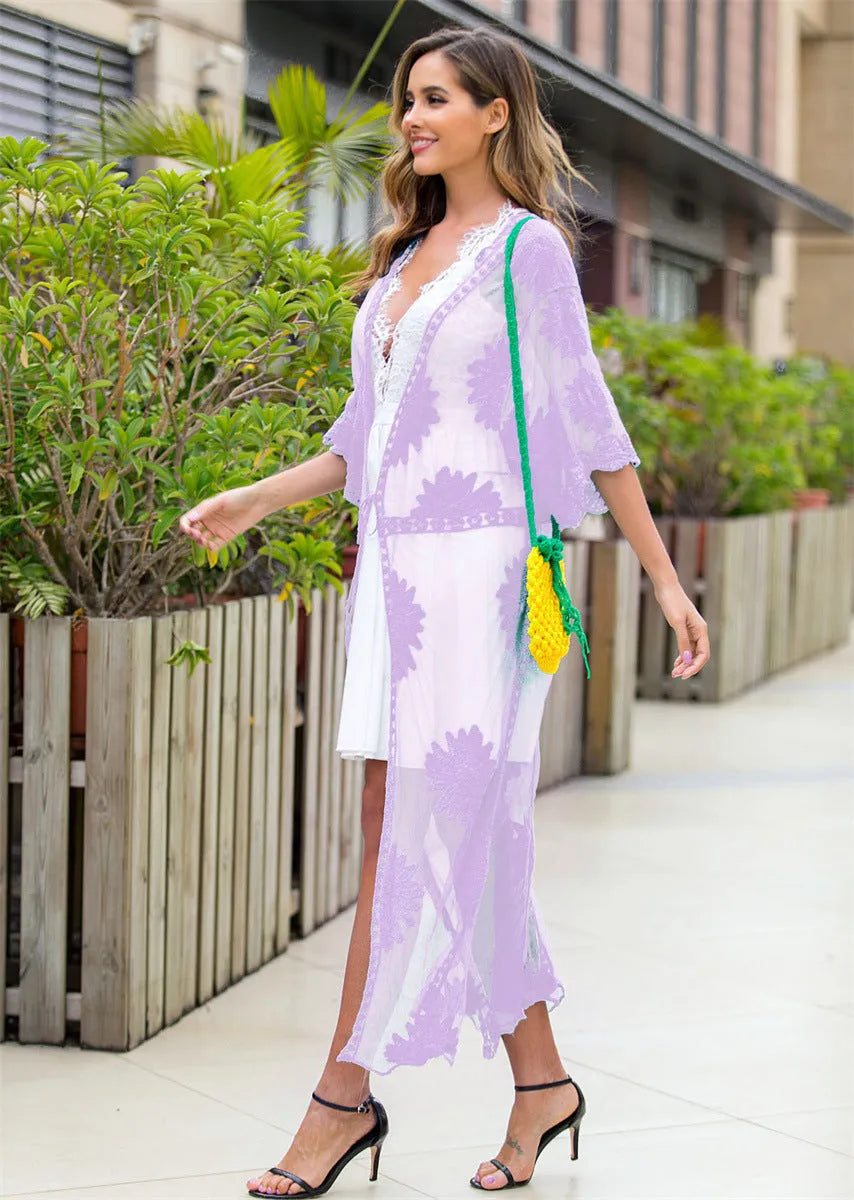 Light purple lace embroidery beach cover-up dress for women, free size.