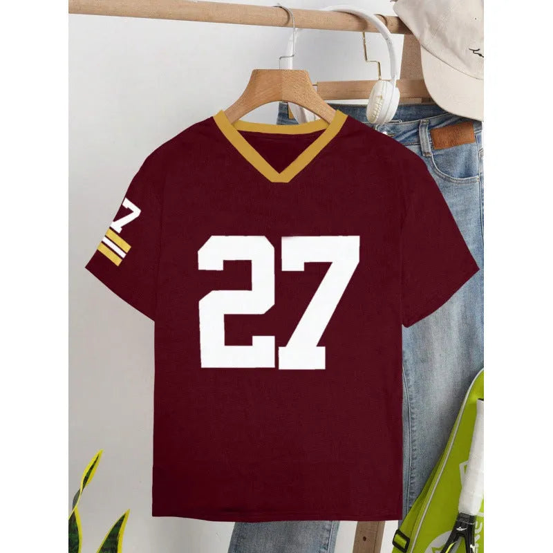 Loose fit red cotton T-shirt with digital printed letter patterns and contrast details